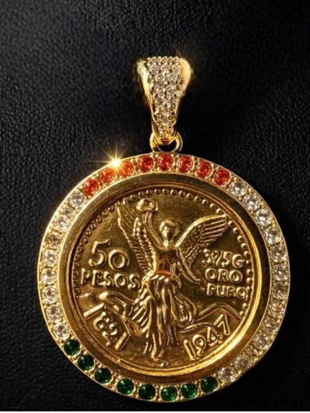 Centenario 50 Pesos Pendant 1.5" CZ Colorful Upgraded Cuban Necklace 24" 6mm - Picture 2 of 2